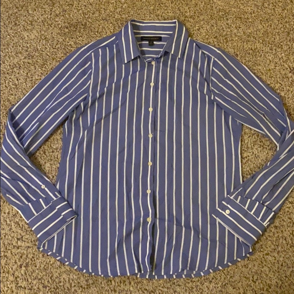 Banana Republic periwinkle and white striped button-down blouse with frill cuff.